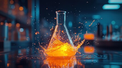 Chemical reaction in lab glassware. Splashes of orange liquid