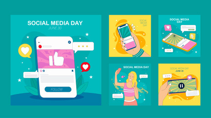 A collection of modern and colorful illustrations to celebrate Social Media Day on June 30th. The designs feature various social media elements, such as likes, comments, hashtags, etc.