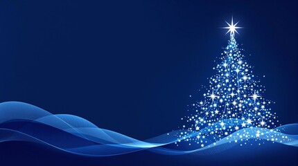 simple vector illustration with glowing christmas tree on blue background, christmas atmosphere, new year