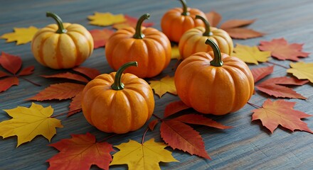 Autumn Glow Mini Pumpkins Harvest Hues A Tabletop Still Life Golden Leaves And Autumn Squash Miniature Pumpkins Autumn Arrangement Warmth Of Autumn A Fall Display AI Generated