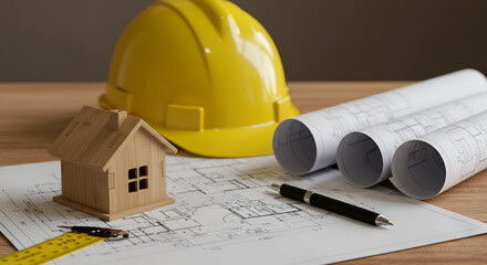 Architectural planning concept with house model, blueprints, and construction tools. Perfect for real estate, home design, and building industry visuals.