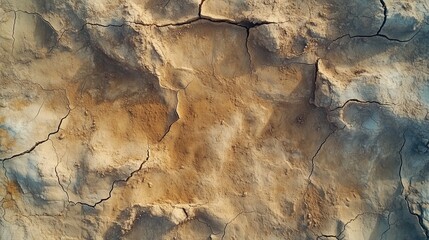 Naklejka premium Micro-cracks on the surface of a dried lakebed, forming an unusual pattern, top-down aerial view 
