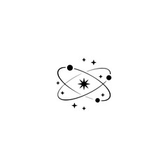 Minimalist Atom Icon with Stars - Black and White Logo Design
