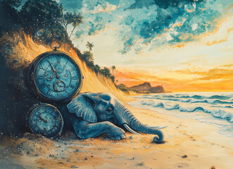 Surrealistyczna ilustracja słonia z zegarami na plaży o zachodzie słońca. Motyw przemijania czasu, melancholii i snów. Idealna do kreatywnych projektów.