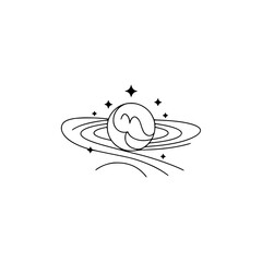 Minimalist Saturn Logo with Stars, Modern Line Art on Light Background