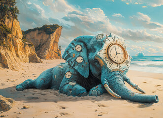 Surrealistyczna ilustracja słonia z zegarami na plaży o zachodzie słońca. Motyw przemijania czasu, melancholii i snów. Idealna do kreatywnych projektów.