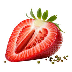 Strawberry sliced in half showing red flesh and tiny seeds on surface.