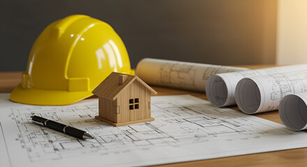 Architectural planning concept with house model, blueprints, and construction tools. Perfect for real estate, home design, and building industry visuals.