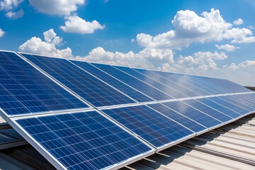 Solar panels on a rooftop, generating clean energy from the sun, set against a blue sky with white clouds.
