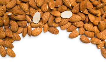 Top view of almonds on white background with copy space.