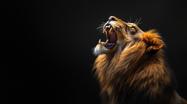 Majestic lion roaring against dark backdrop. Powerful predator in profile view, showcasing mane and open mouth. Captured in dramatic lighting - Powered by Adobe