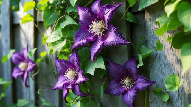 Close-up view of purple climbing blooms with green foliage on a wooden fence in the garden.