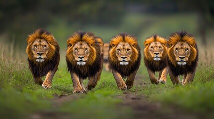 Majestic lions in a swift, powerful stride across the savanna