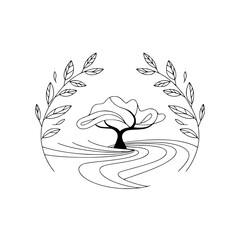 Minimalist Tree & River Illustration with Leafy Border, Clean Design