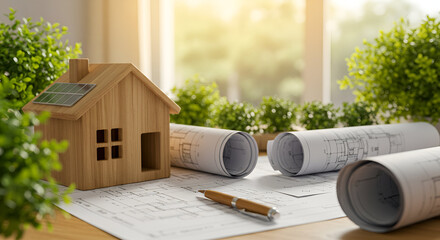 Eco-friendly architecture concept. Wooden house model with green roof on blueprints, surrounded by plants. Ideal for sustainable construction, green building, and renewable energy visuals.