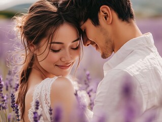 Fototapeta premium Couple embracing in blooming lavender field nature romantic scene daylight close-up view love and connection