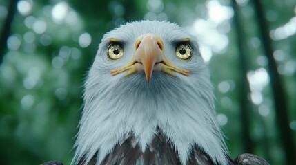 Majestic Bald Eagle Close Up Forest Wildlife Photography Lush Green Environment Eye-Level View Nature's Majesty