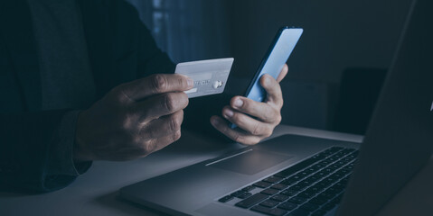 Man using application on smartphone, shopping and payment online. New tech banking service concept