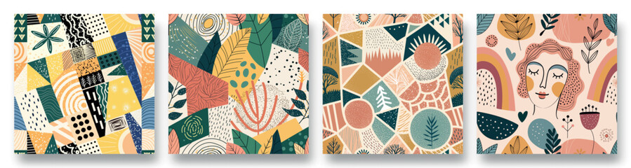 Colorful abstract patterns and designs featuring botanical elements and geometric shapes