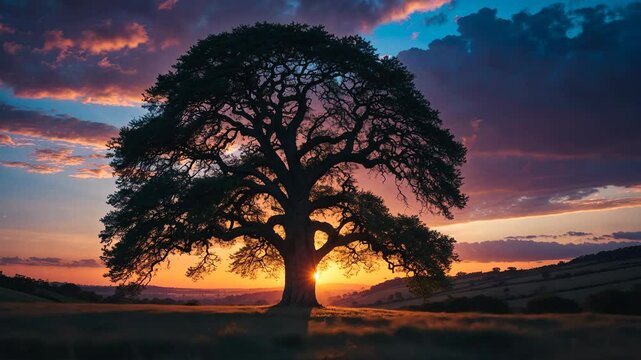 Dramatic perspective of an isolated secular oak during sunset right before the blue hour, with the sun setting behind the tree and the blue sky filled with clouds.