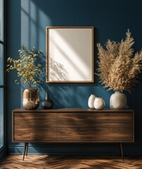 Modern Minimalist Interior Design Mockup of Poster Frame in Cozy Scandinavian Room