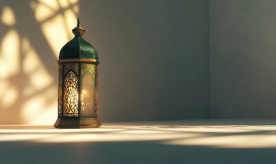 Ornate lantern glowing in sunlit corner, peaceful Ramadan scene