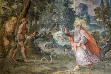 Fresco (19th century) of Adam and Eve expelled from paradise..