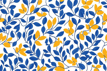 Craft an organic, seamless pattern with abstract leaves and flowers in shades of blue and mustard yellow on a white background