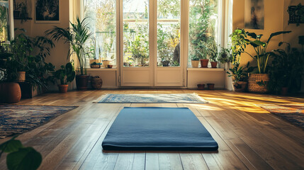 Fototapeta premium A stylish apartment with a wooden floor and a yoga mat neatly placed in the center