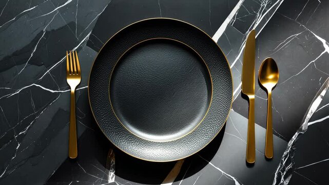Empty black gold plate with fork and knife from above, banner. Black kitchen utensil set on the table. Flat lay top view with space for text.