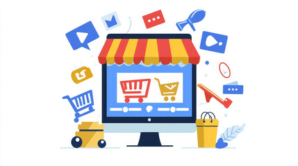 Obraz premium Digital marketing media (website ad, email, social network, SEO, video, mobile app) E-commerce and online shopping concept with icons, Pay Per Click (PPC) dashboard, business technology development