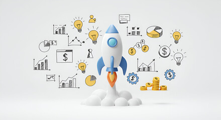 Startup business growth concept with a launching rocket and hand-drawn financial strategy icons. Represents innovation, investment, and success in entrepreneurship.