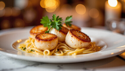 Gourmet seared scallops on pasta in elegant restaurant, fine dining