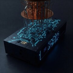 Fototapeta premium Quantum computer transferring data through copper and fiber optic cables