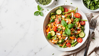 Colorful vegan Buddha bowl on minimalist kitchen counter, fresh dining