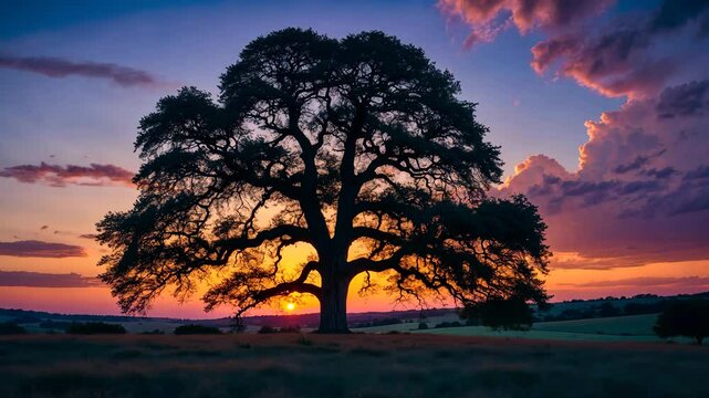 Dramatic perspective of a solitary secular oak during sunset just prior to the blue hour, with the sun dipping behind the tree and the blue sky populated with clouds.