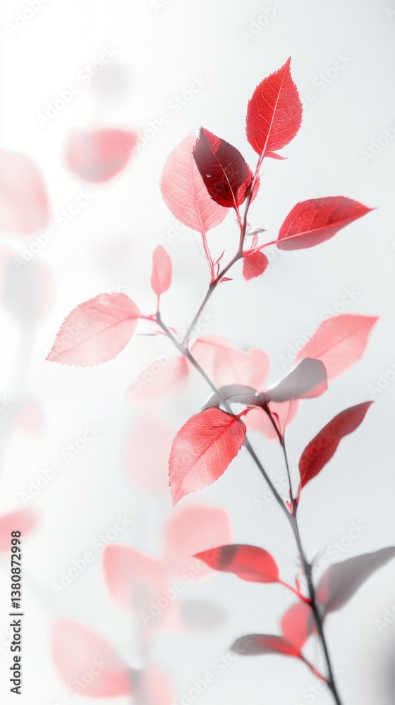 Poster delicate branches adorned with striking red leaves sway gently in warm sunlight, creating a peaceful