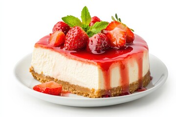 Classic New York cheesecake with strawberry topping, rich and creamy, isolated on white