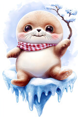 Fototapeta premium Adorable anthropomorphic cartoon animals in cute watercolor clipart style. Cute Baby Seal with Winter Scarf on Icy Platform