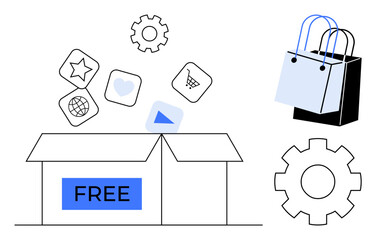 Opened box marked FREE with icons including star, heart, play button, cart, and globe. Gear and shopping bag. Ideal for online shopping, marketing, e-commerce software digital content promotions