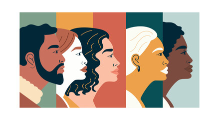 Diverse group of individuals showcasing unique features and expressions in a colored background