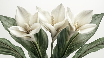 Fototapeta premium Elegant white flowers with lush green leaves, showcasing photorealistic style and serene beauty