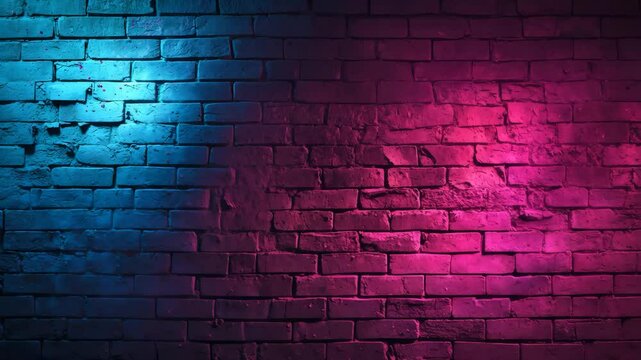 Vacant backdrop of an aged brick wall, background, neon illumination.