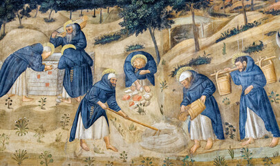 Naklejka premium Fresco (15th century) showing the daily life of monks...