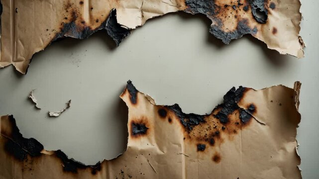 Empty aged, tattered, charred, gritty fragments texture of cardboard paper hole on background.