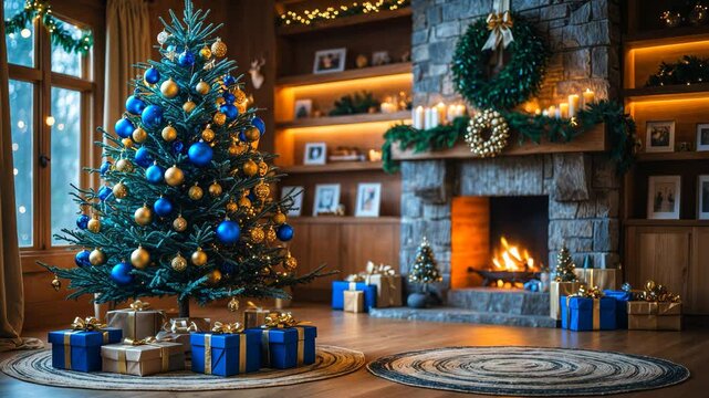 Sophisticated Christmas tree adorned with blue and gold decorations, presents underneath. Fireplace embellished with a wreath and garland, producing a cozy and festive atmosphere.