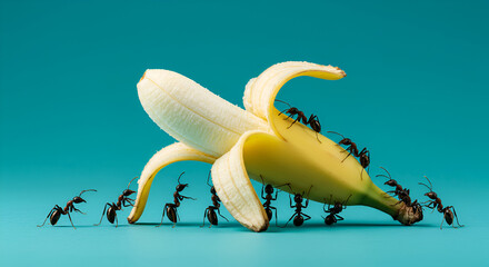 Close-up of black ants swarming a peeled banana on a vibrant turquoise background. Concept of teamwork, food scavenging, and insect behavior in nature.