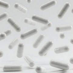 White Capsules Falling or Floating on Light Background