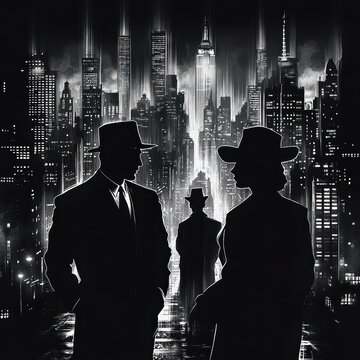 Silhouettes of Vintage Gangsters in Noir Urban Scene