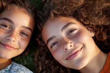 Obraz premium Two smiling girls lie on the grass, sharing joyful moments together in sunny weather, reflecting carefree childhood and the beauty of friendship and connection.